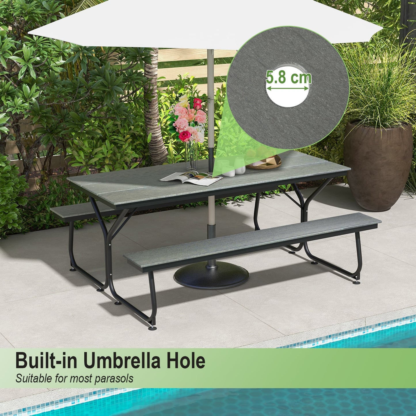 Outdoor Picnic Table Bench Set for 6-8 People-Grey