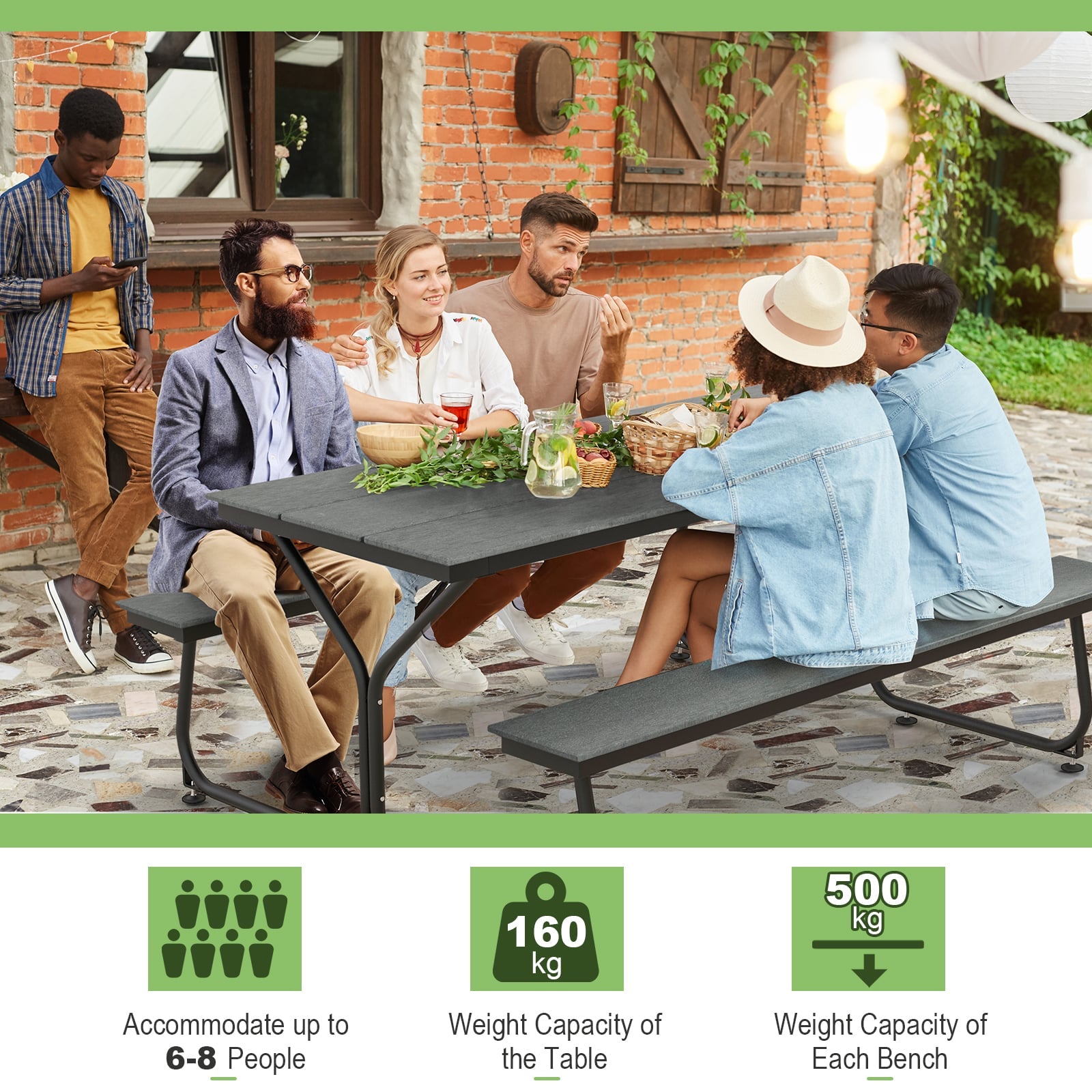 Outdoor Picnic Table Bench Set for 6-8 People-Grey