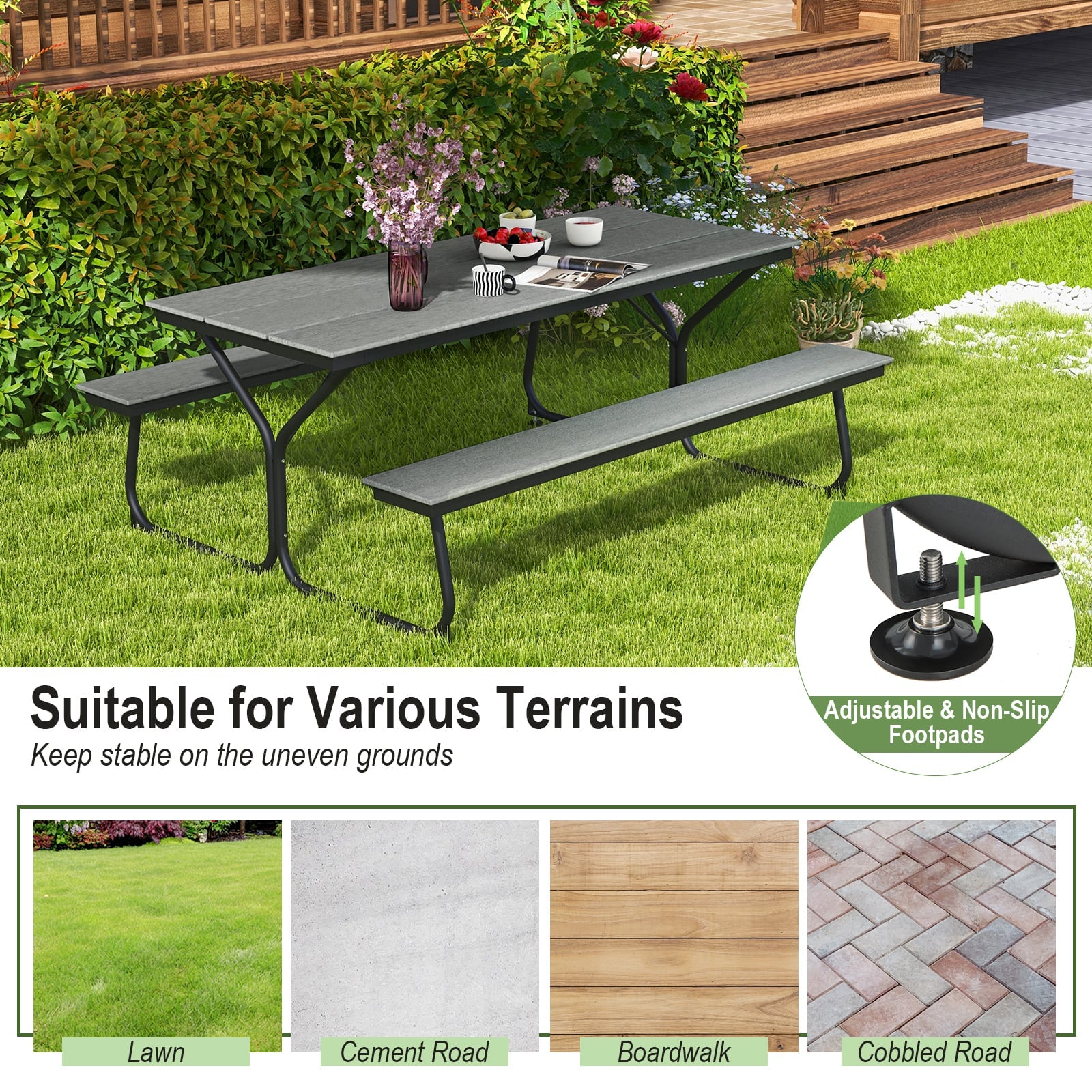 Outdoor Picnic Table Bench Set for 6-8 People-Grey