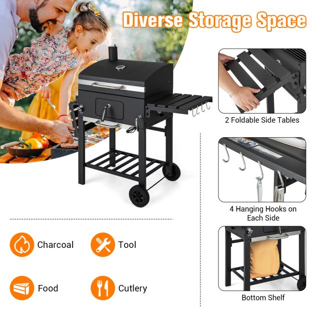 Charcoal BBQ Grill with Foldable Side Tables Hooks and Wheels