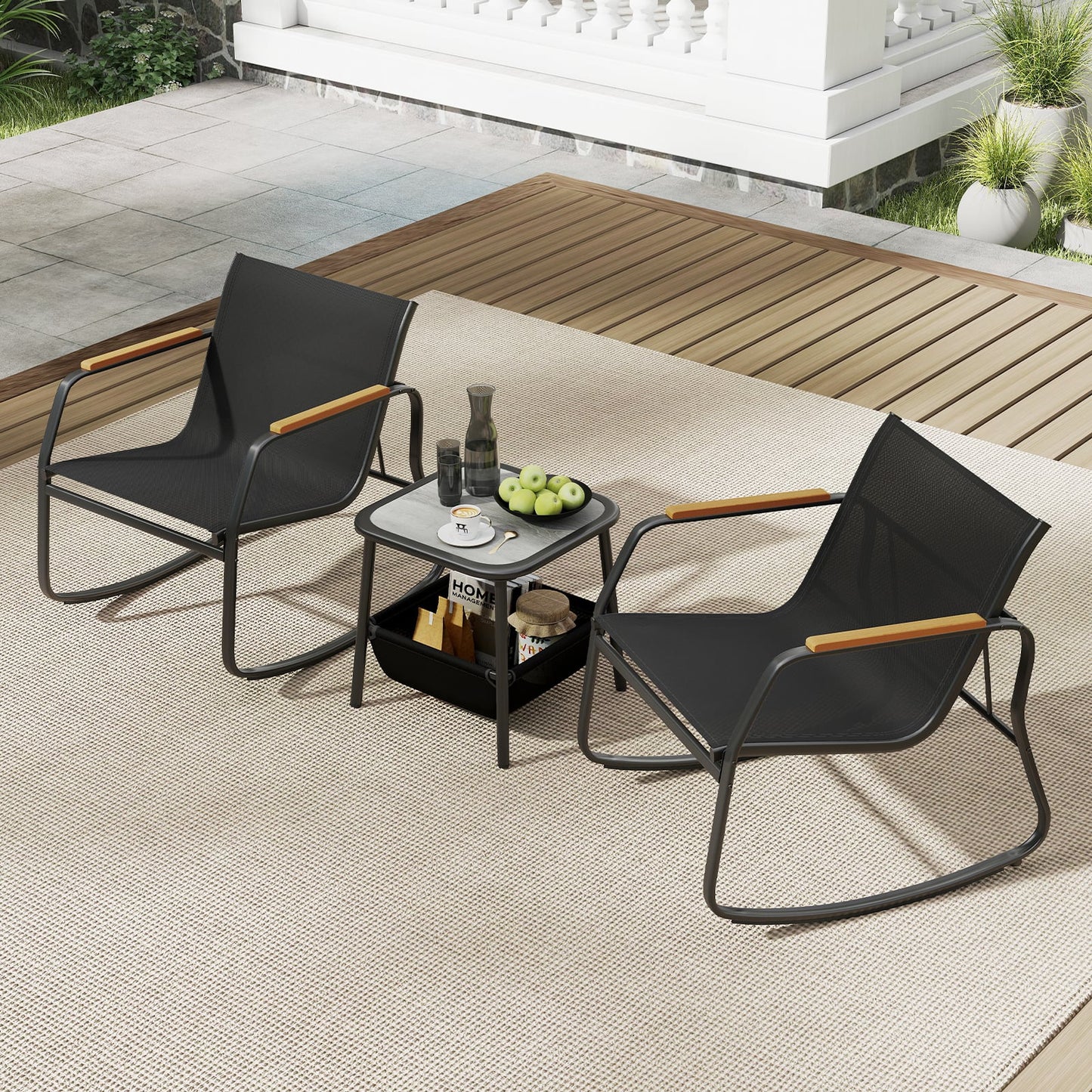 3 Pieces Rocking Bistro Set with Storage Bag and PS Armrests-Black