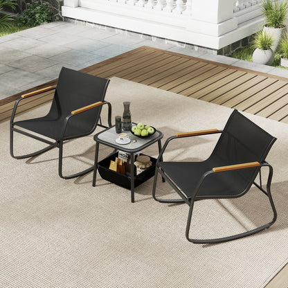 3 Pieces Rocking Bistro Set with Storage Bag and PS Armrests-Black