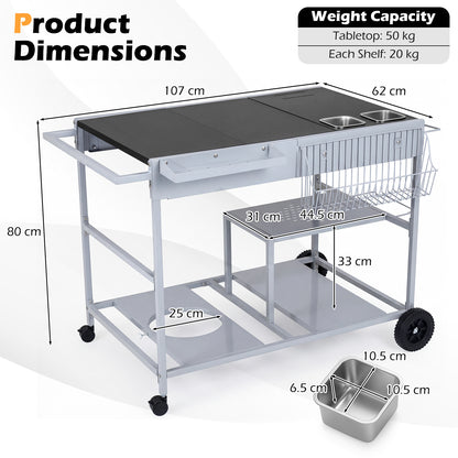 Metal Rolling Food Prep Cart with Mesh Side Panel and Topping Station for Backyard-Black