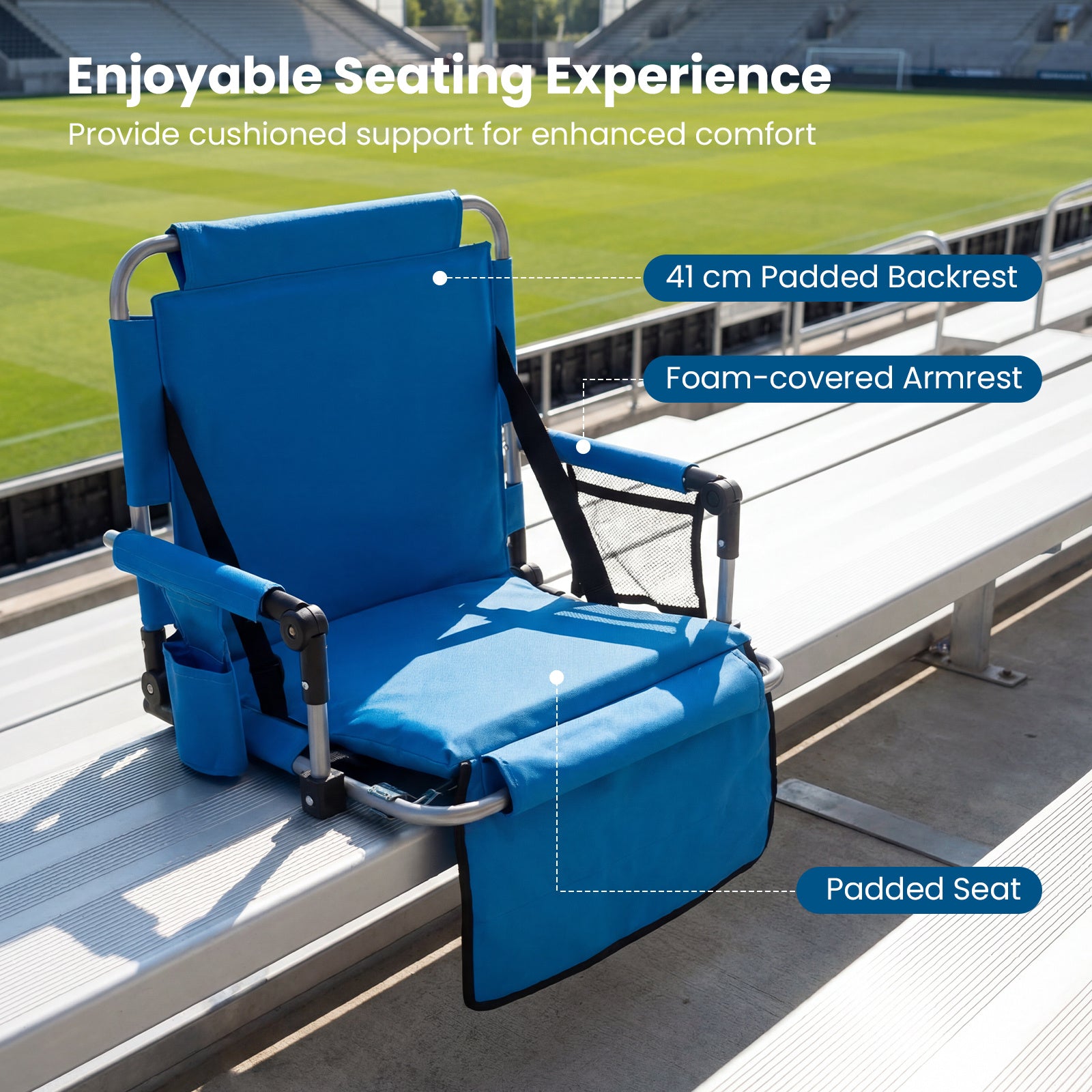 Foldable Stadium Seat with Back Support and Padded Cushions with Armrest-Blue