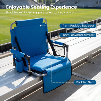 Foldable Stadium Seat with Back Support and Padded Cushions with Armrest-Blue