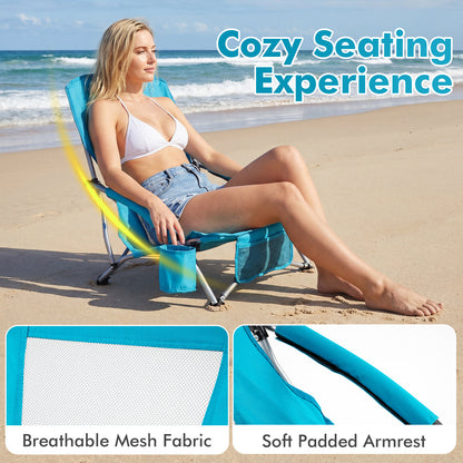 Folding Beach Chair with Padded Armrests and Storage Pocket-Blue
