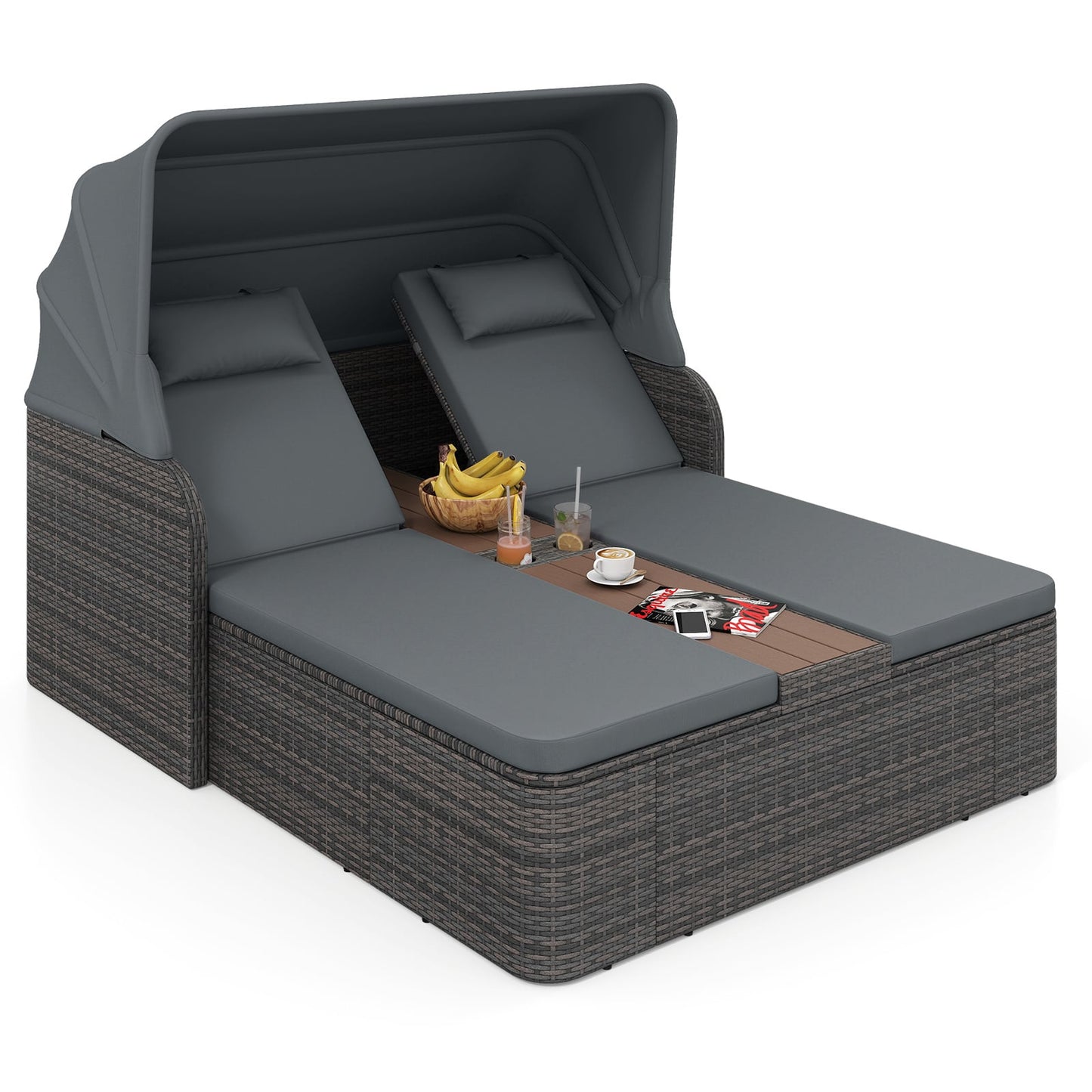 Rattan Double Daybed with Retractable Sunshade and Adjustable Backrests-Grey