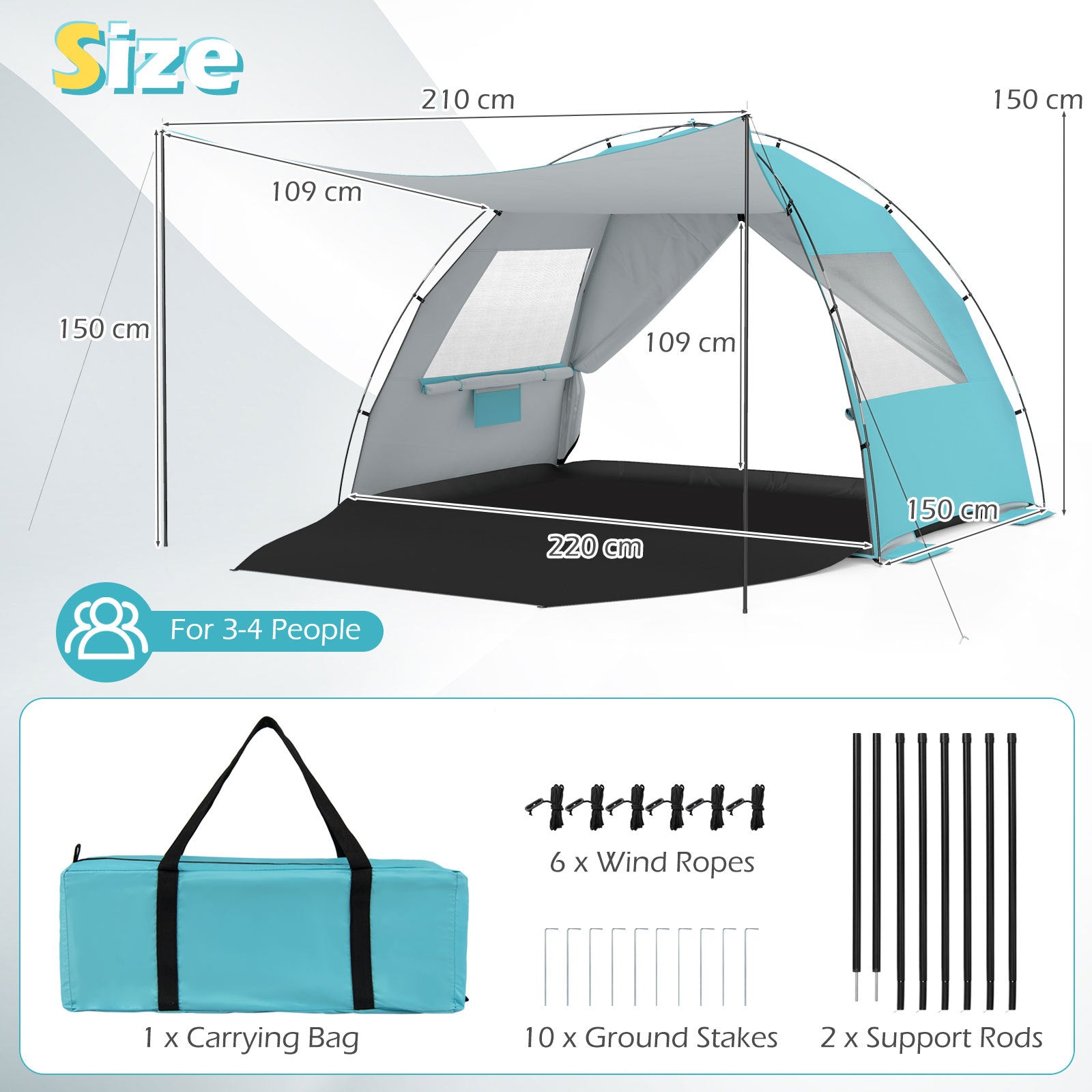 Beach Tent Sun Shelter with Canopy Carry Bag for 3-4 Person-Blue