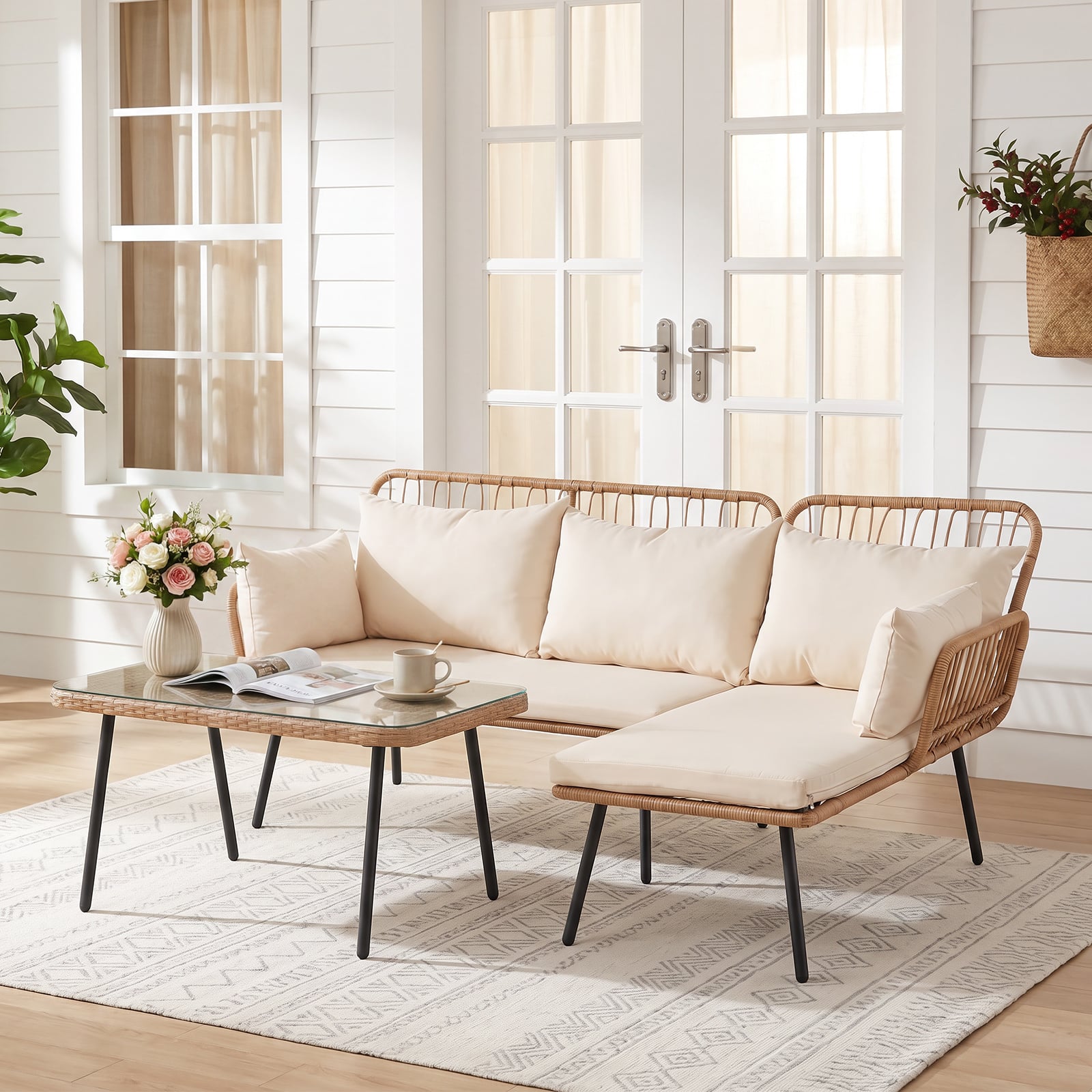 3-Piece Patio Furniture Set with Coffee Table and L-Shaped Sectional Sofa-Beige