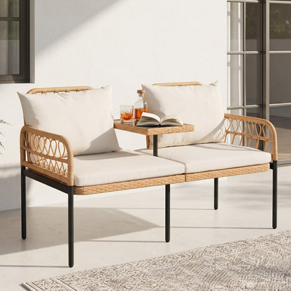 Rattan Jack and Jill Seat with Built-In Table and Cushions for Patio Balcony-Beige