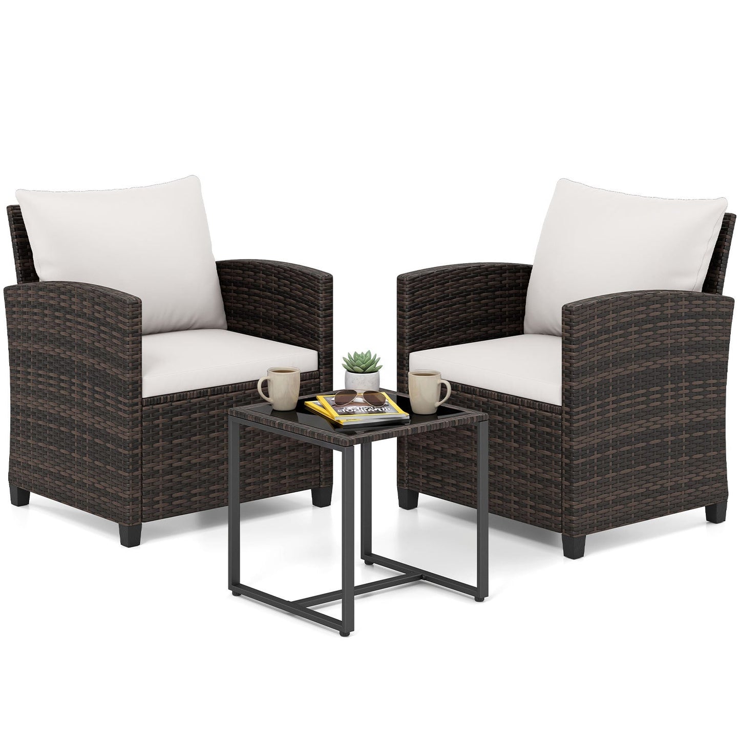 3 Pieces PE Rattan Wicker Outdoor Bistro Conversation Set with Soft Cushions-Beige