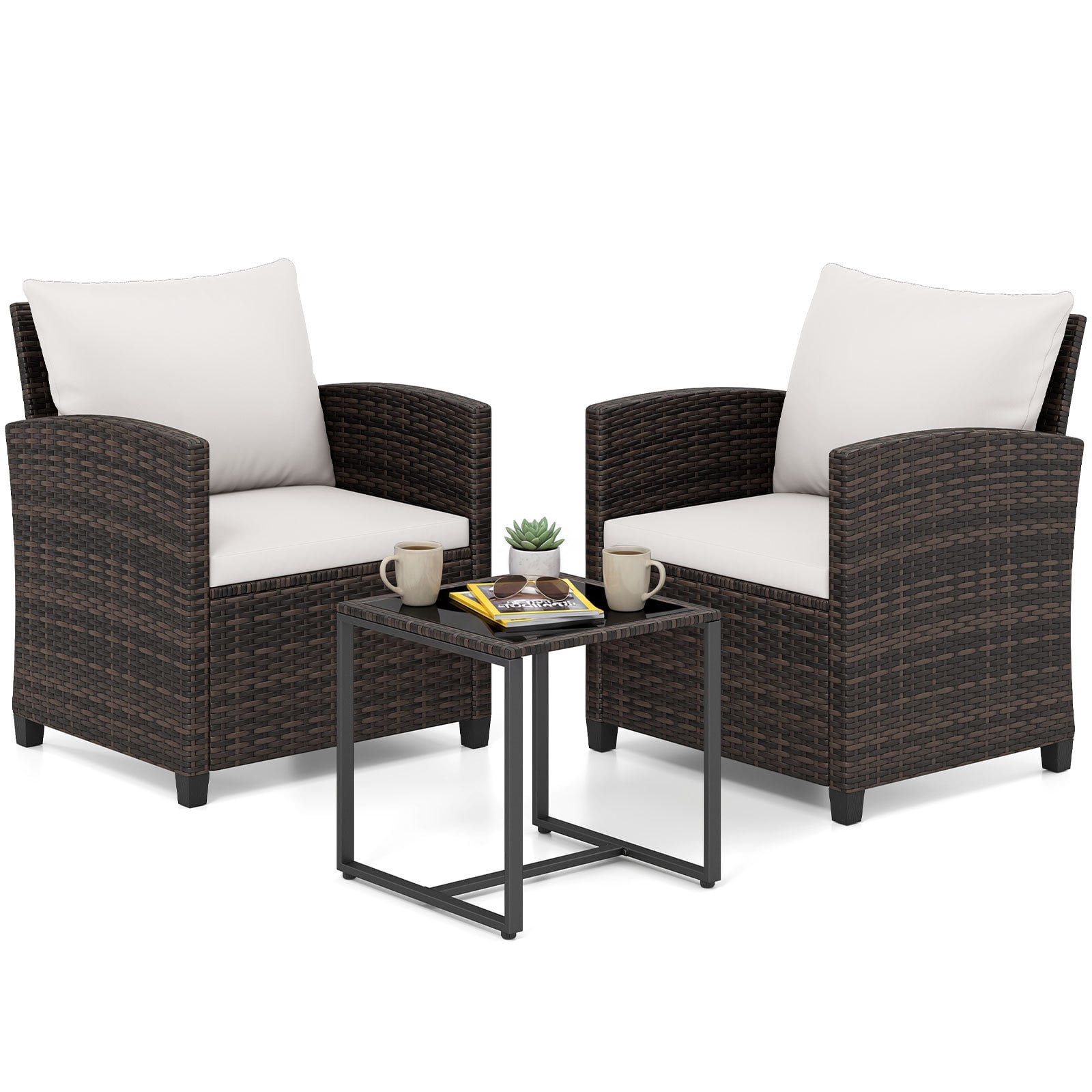 3 Pieces PE Rattan Wicker Outdoor Bistro Conversation Set with Soft Cushions-Beige