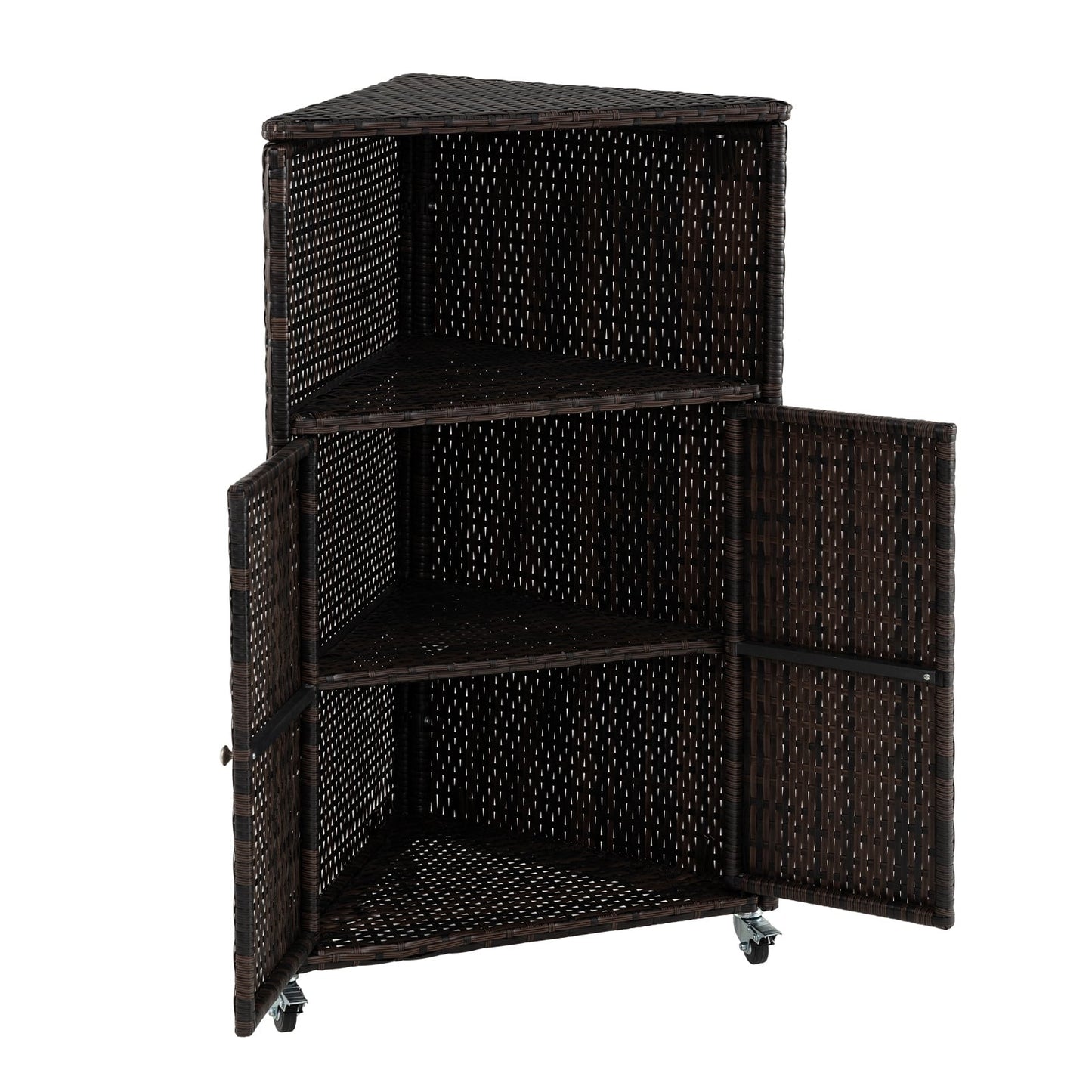 Outdoor Rattan Storage Cabinet with Shelves and 2 Doors and Lockable Wheels for Patio-Brown