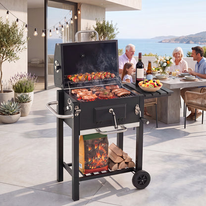 Charcoal Grill with Wheels Portable BBQ Grill with Adjustable Charcoal Tray-Black