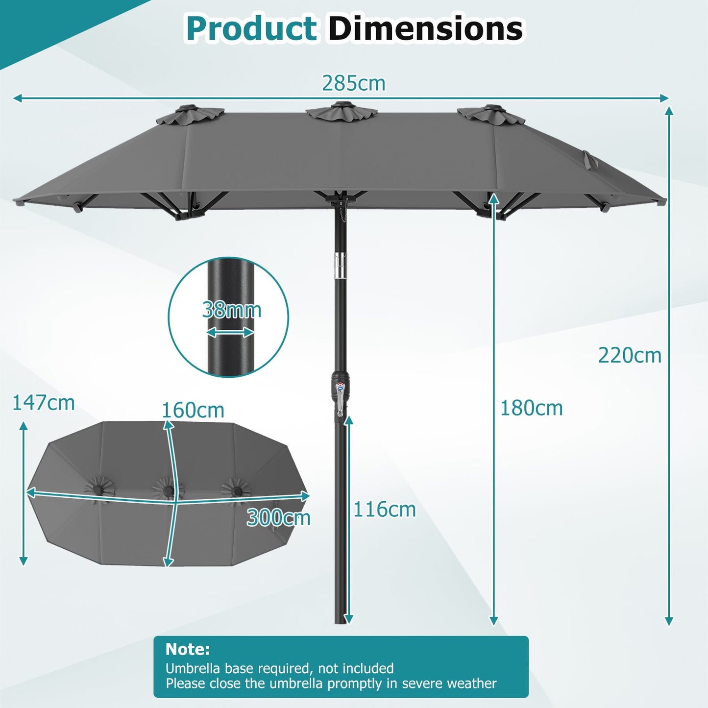 Double-Sided Patio Umbrella with Push Button Tilt and Crank and 12 Ribs-Grey