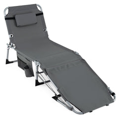 Tanning Chair with Face Arm Holes and 4-Level Backrest with Head Pillow-Grey