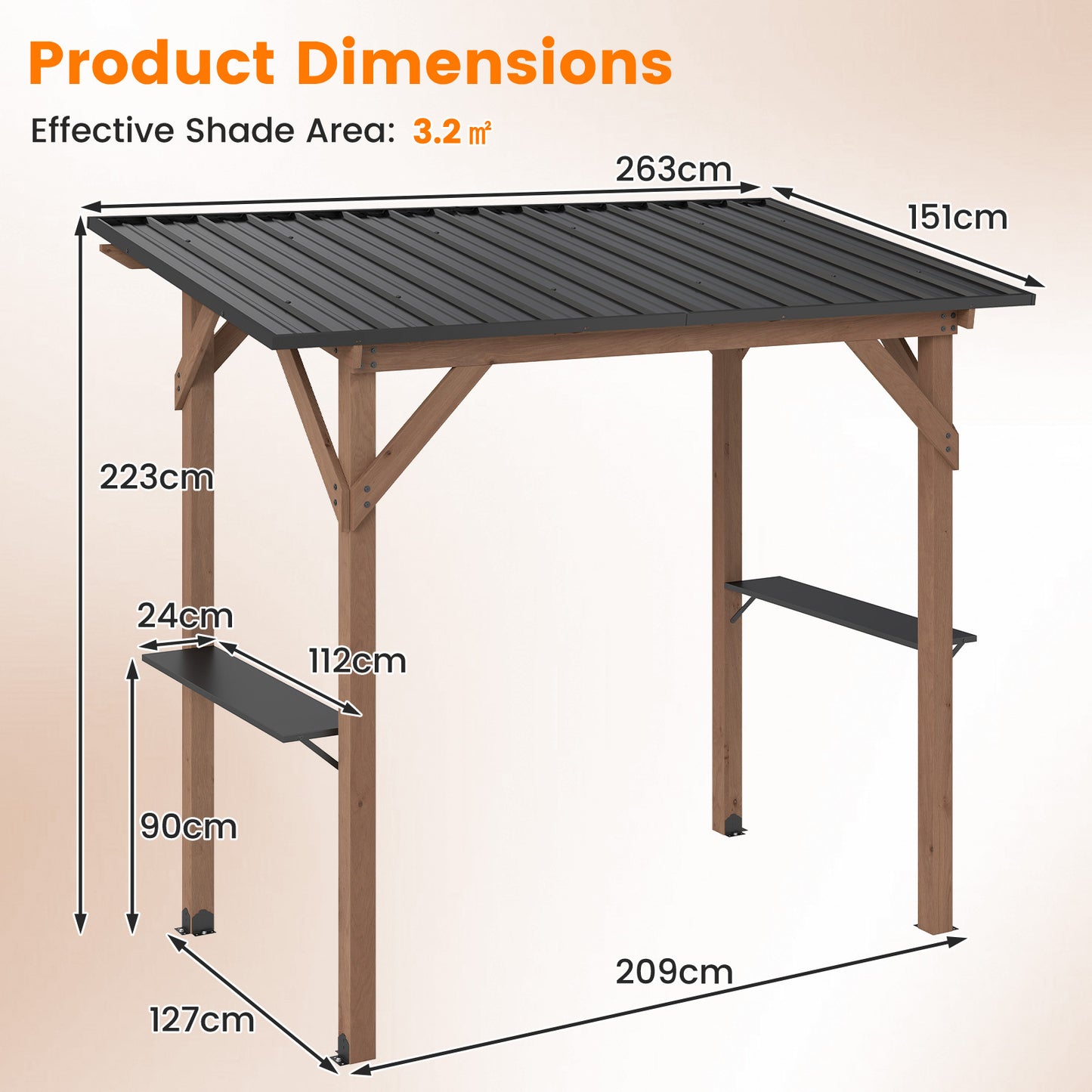 263 x 151 cm Grill Gazebo with 2 Side Serving Shelves-Brown