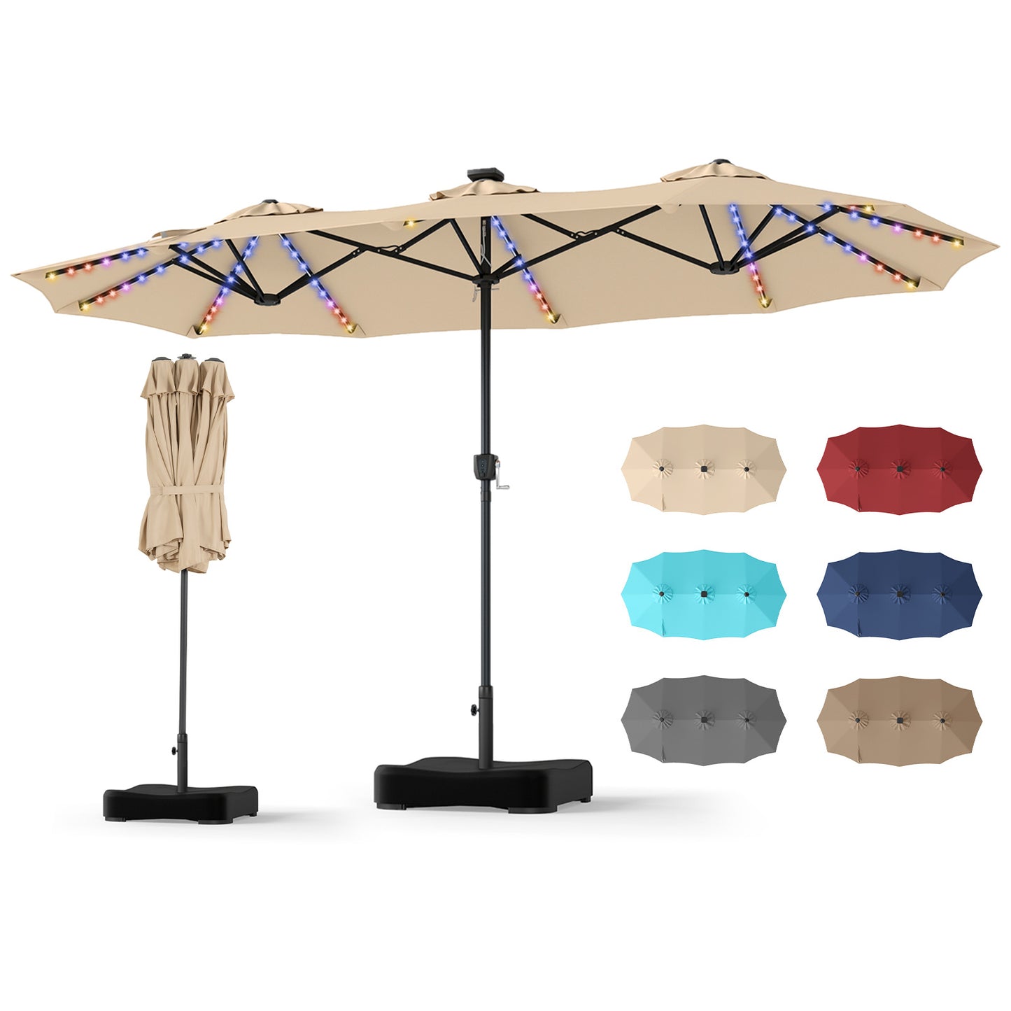 4 M Double-Sided Patio Umbrella Base Included with 108 Multi-Color LED Lights and 3 Air Vents-Beige