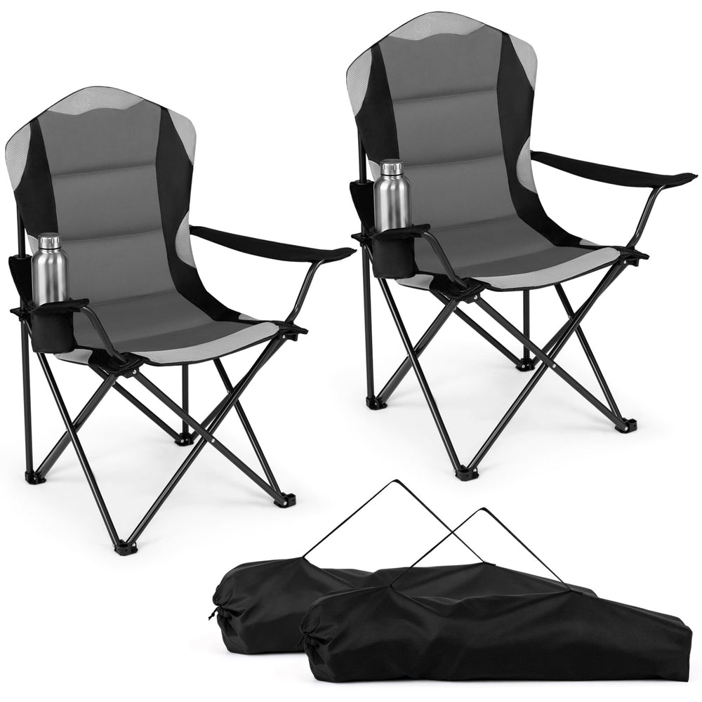 2 Pieces Folding Camping Chairs for Adults with Cup Holders-Black