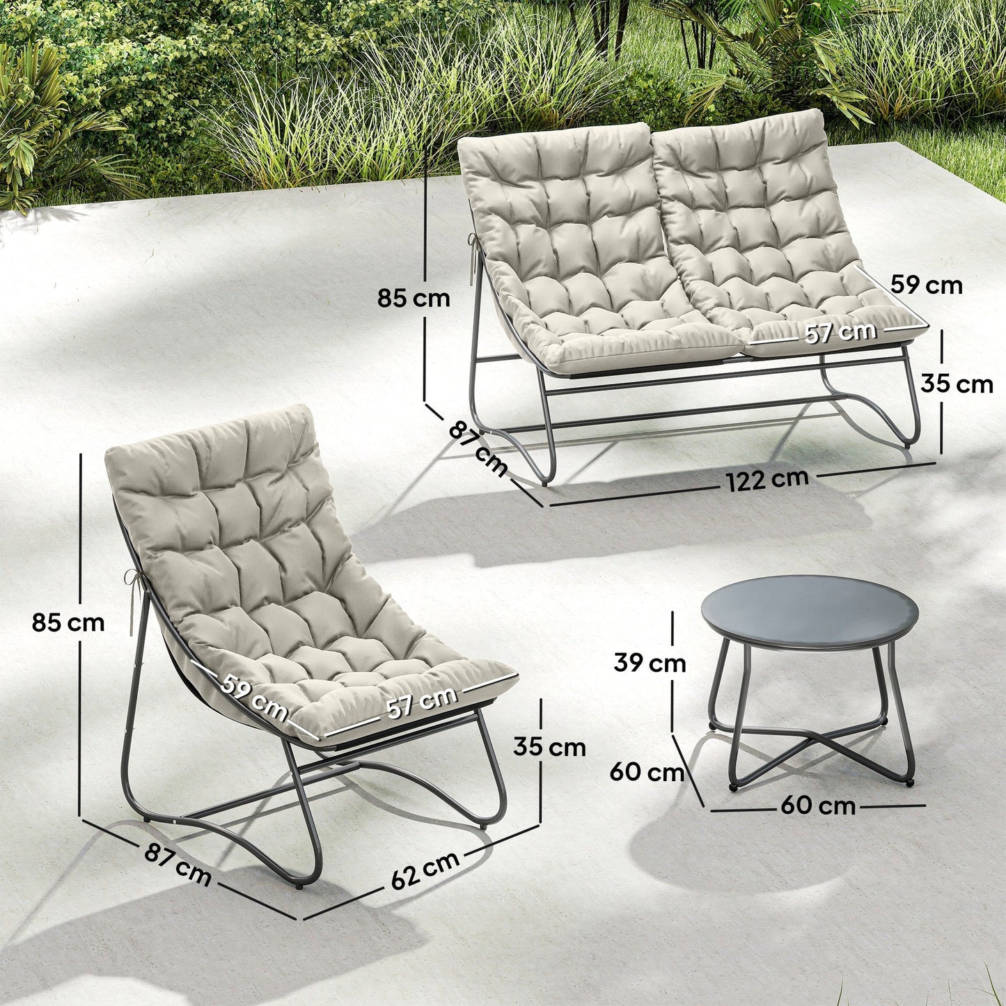 Outsunny 4 Seater Garden Furniture Set, Conversation Set with Loveseat Sofa, Chairs, Glass Coffee Table, Thick Cushions, Steel Outdoor Sofa for Balcony, Poolside, Conservatory, Light Grey