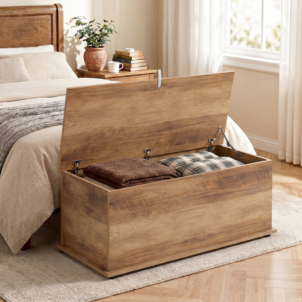 HOMCOM Storage Chest, Large 113L Blanket Box, Shoe Bench with Safety Hinged Lid, Storage Trunk, Bed End Bench for Bedroom, Hallway, Living room, Playroom, 100 x 40 x 40cm, Brown Wood Grain