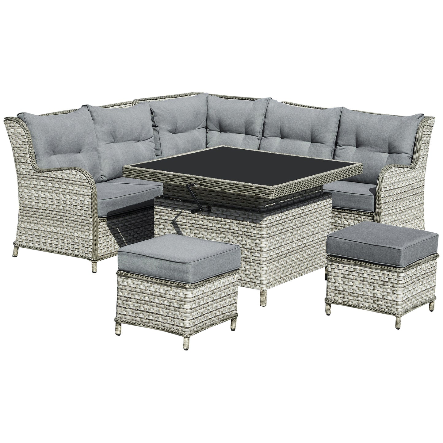 Outsunny 6 Pieces Patio PE Rattan Dining Sofa Set, Outdoor Wicker Sectional Conversation Aluminum Frame Furniture Set w/ Thick Padded Cushion & Liftable Coffee Table, Grey