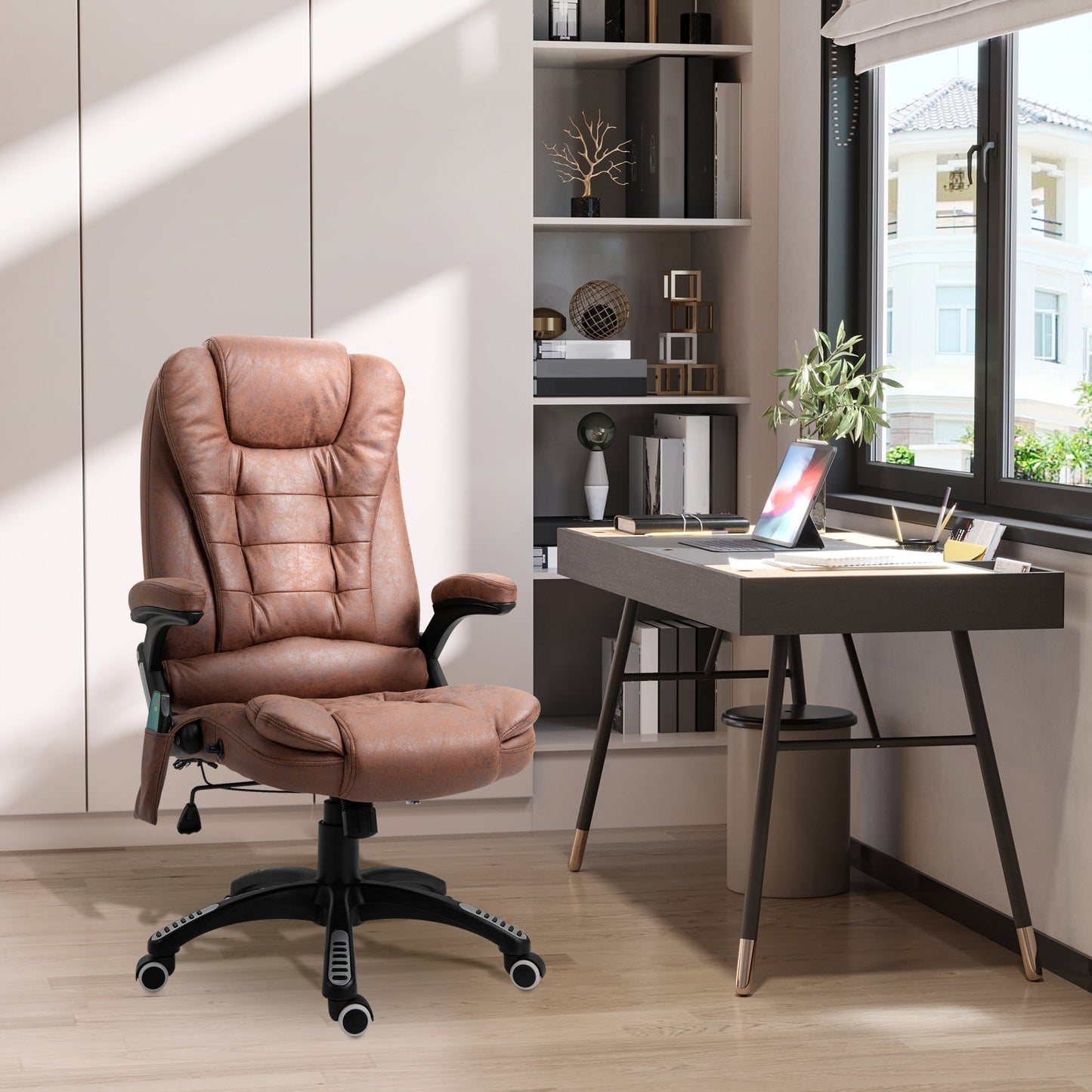 Vinsetto Massage Recliner Chair Heated Office Chair with Six Massage Points Microfiber Cloth 360¡ Swivel Wheels Brown