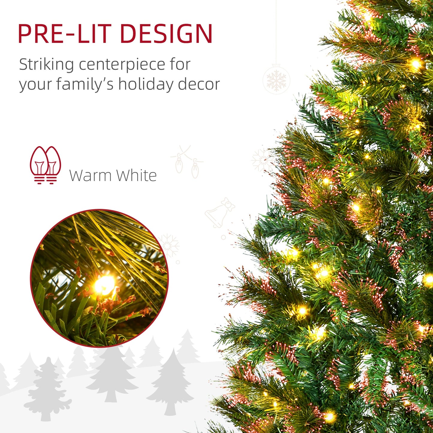 HOMCOM 1.5m 5ft Pre-Lit Christmas Tree Artificial Spruce Xmas Tree Warm White LED Holiday DÃ©cor with Metal Stand