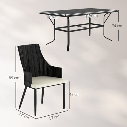 Outsunny 6 Seater Rattan Dining Set with Cushions, Garden Furniture Set with Armchairs, Rectangle Slatted Table Top, Steel Frame, Parasol Hole, Wicker Outdoor Furniture for Patio, Balcony, Cream White