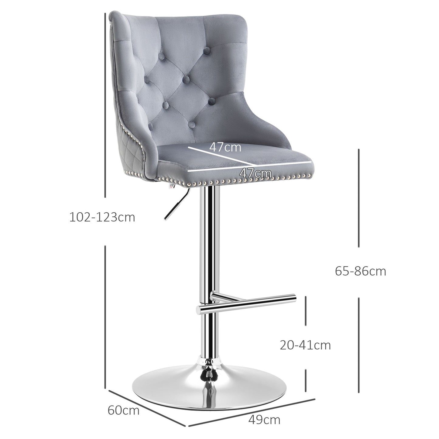 HOMCOM Bar Stools Set of 2, Modern Swivel & Adjustable Velvet Barstools with Button Tufted Back, Footrest, Nailhead Trim for Home Bar, Grey