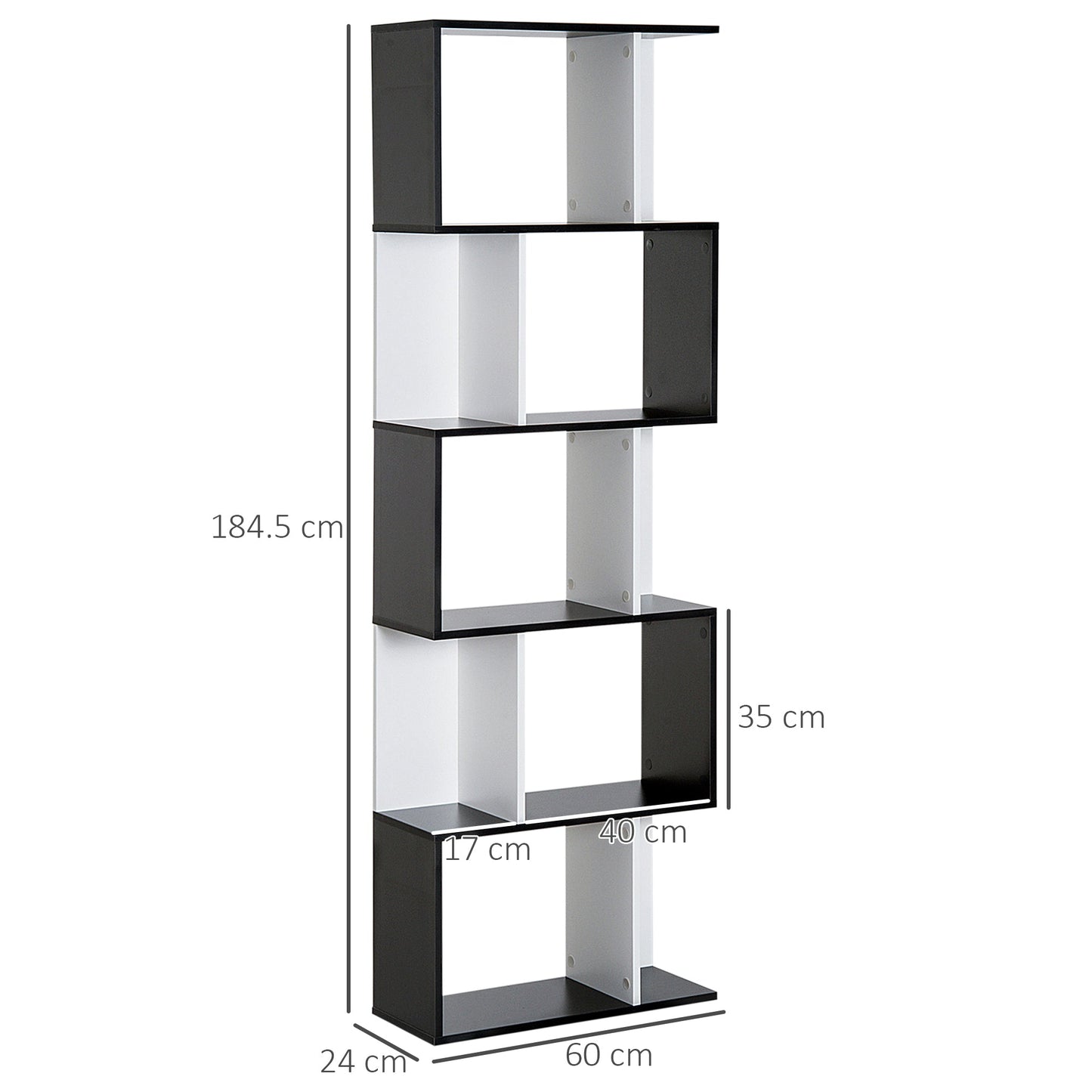 HOMCOM Bookcase, S-Shaped Wooden Bookshelf, 5/6 Tiers Freestanding Storage Shelf, Home Office Decorative Display Stand Rack, Black and White, 24D x 60W x 184.5H