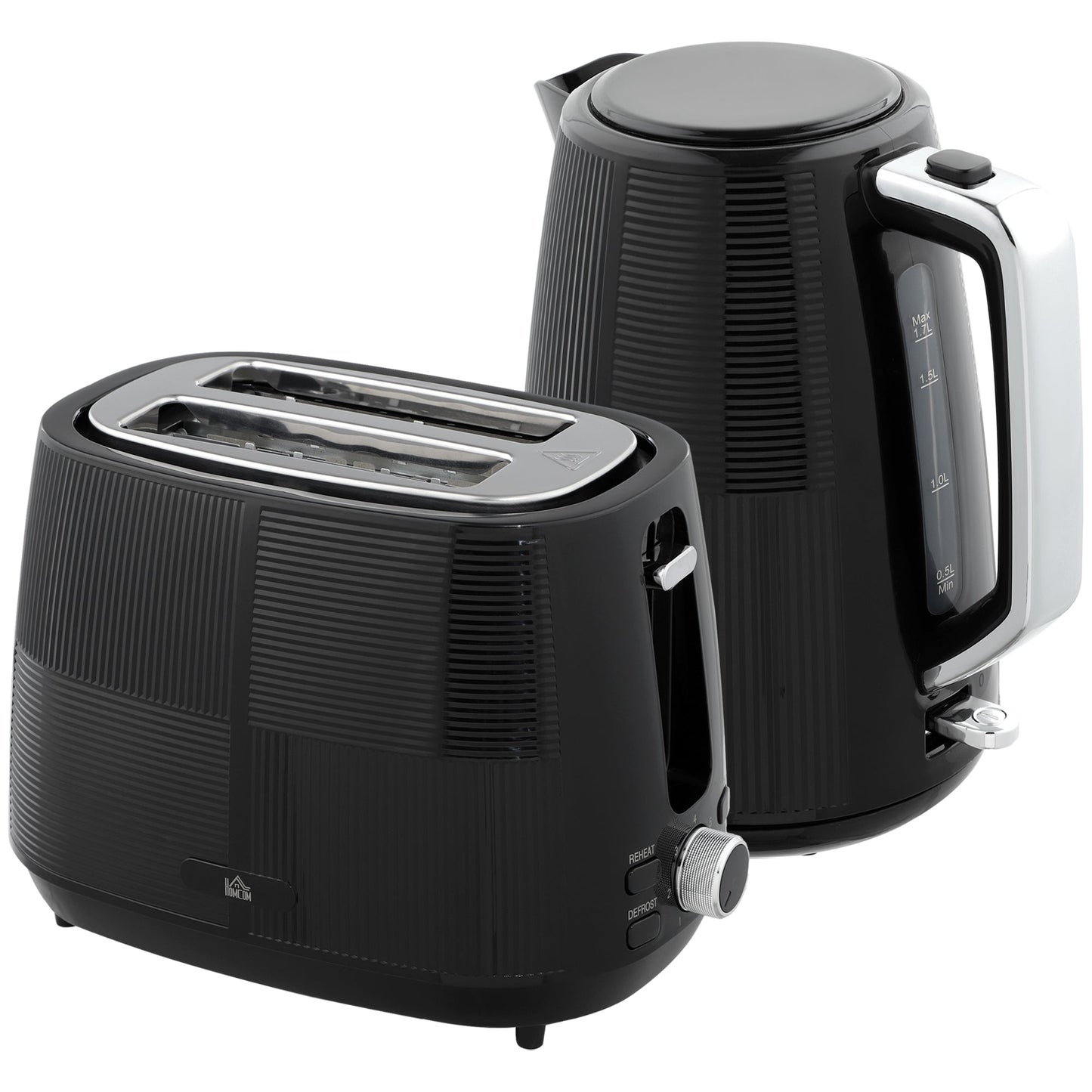 HOMCOM Kettle and Toaster Set, 1.7L 3000W Fast Boil Kettle & 2 Slice Toaster Kitchen Set with 7 Level Browning Controls, Defrost, Reheat, Boil-dry Protection, Black