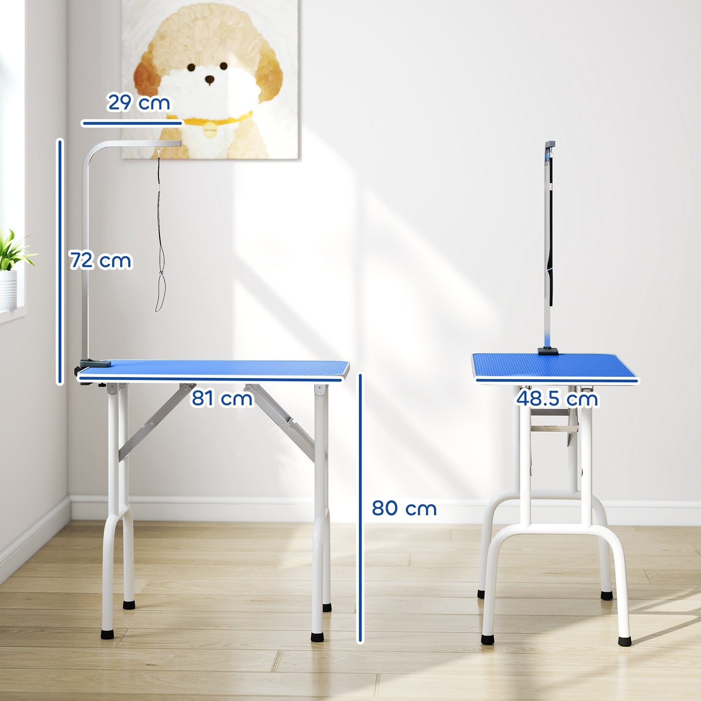 PawHut 32" Foldable Dog Grooming Table Pet Drying Beauty Table Adjustable Fixed Arm Rubber Top, Blue