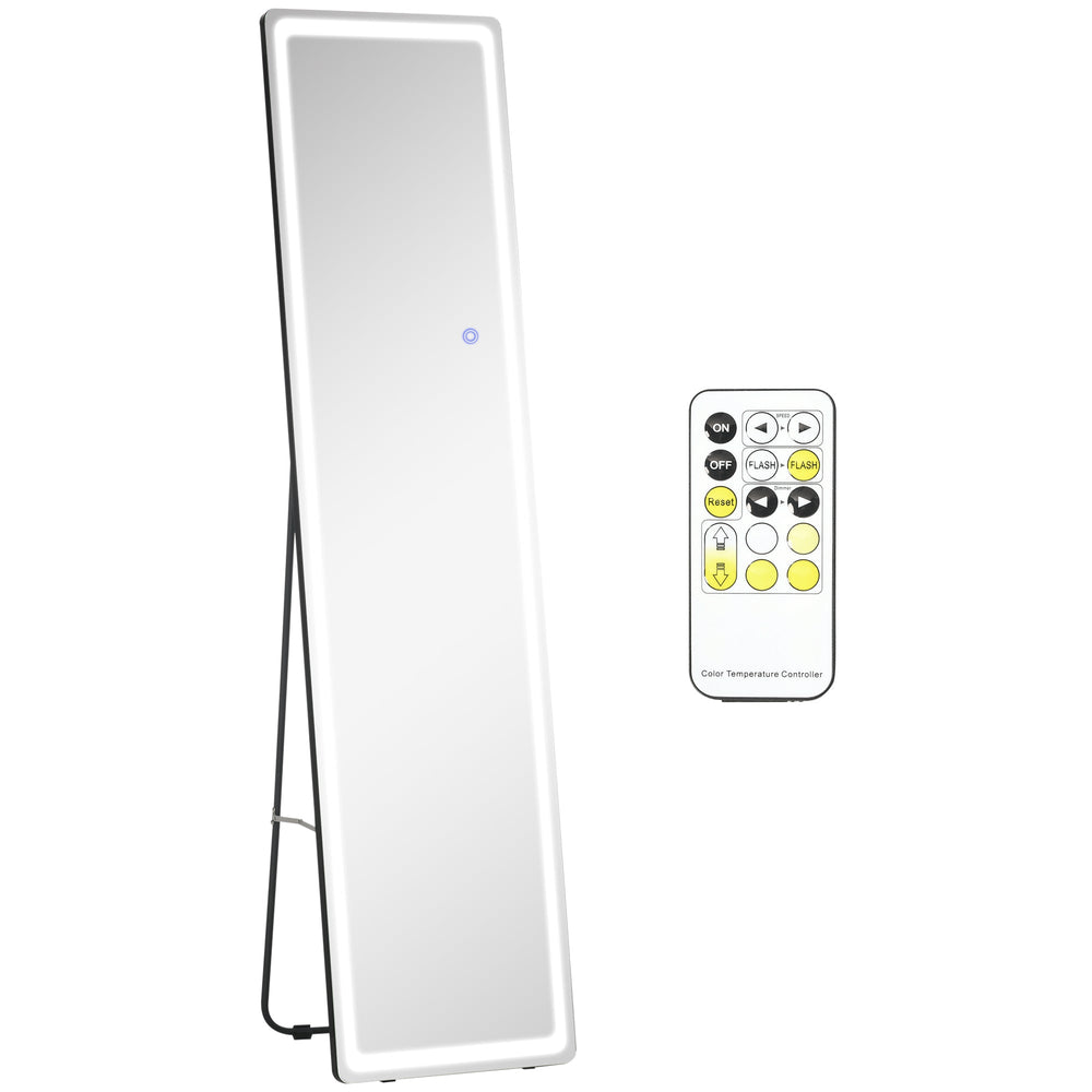 HOMCOM Full-Length Mirror, 160 x 40 cm, Wall Mounted, Freestanding Floor Mirror with LED Lights and Remote Control, Dimming & 3 Colour Modes, for Bedroom, Black