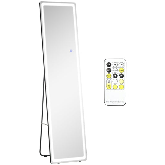HOMCOM Full-Length Mirror, 160 x 40 cm, Wall Mounted, Freestanding Floor Mirror with LED Lights and Remote Control, Dimming & 3 Colour Modes, for Bedroom, Black
