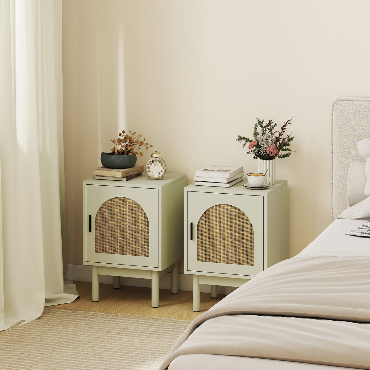 HOMCOM 2-Piece Rattan Bedside Table for Bedroom - Light Green