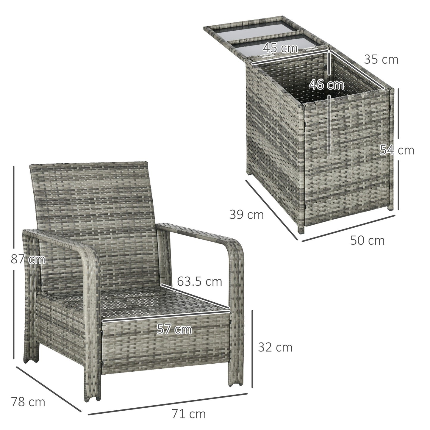 Outsunny 3 Pieces Rattan Bistro Set, Wicker Garden Furniture Set with Storage Coffee Table and Chairs, Thickened Cushions for Outdoor, Patio, Balcony, Orange