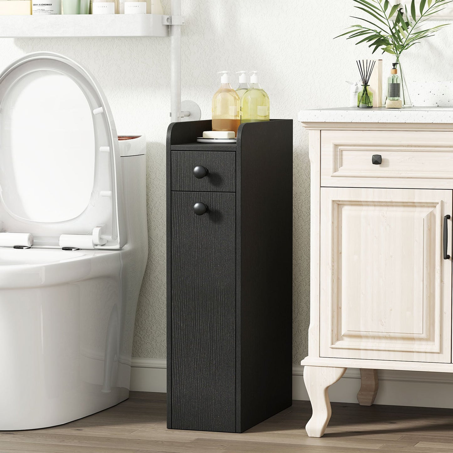 Narrow Bathroom Storage Cabinet with Slide-Out Drawer-Black