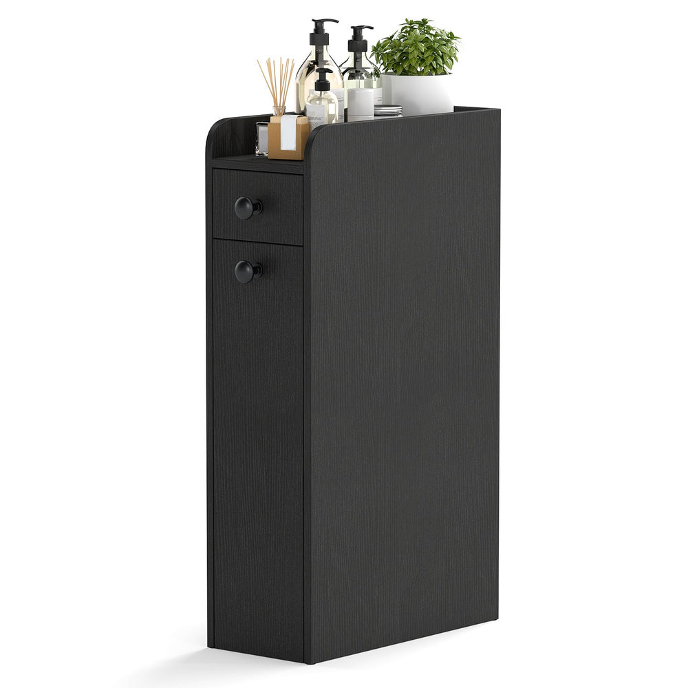Narrow Bathroom Storage Cabinet with Slide-Out Drawer-Black