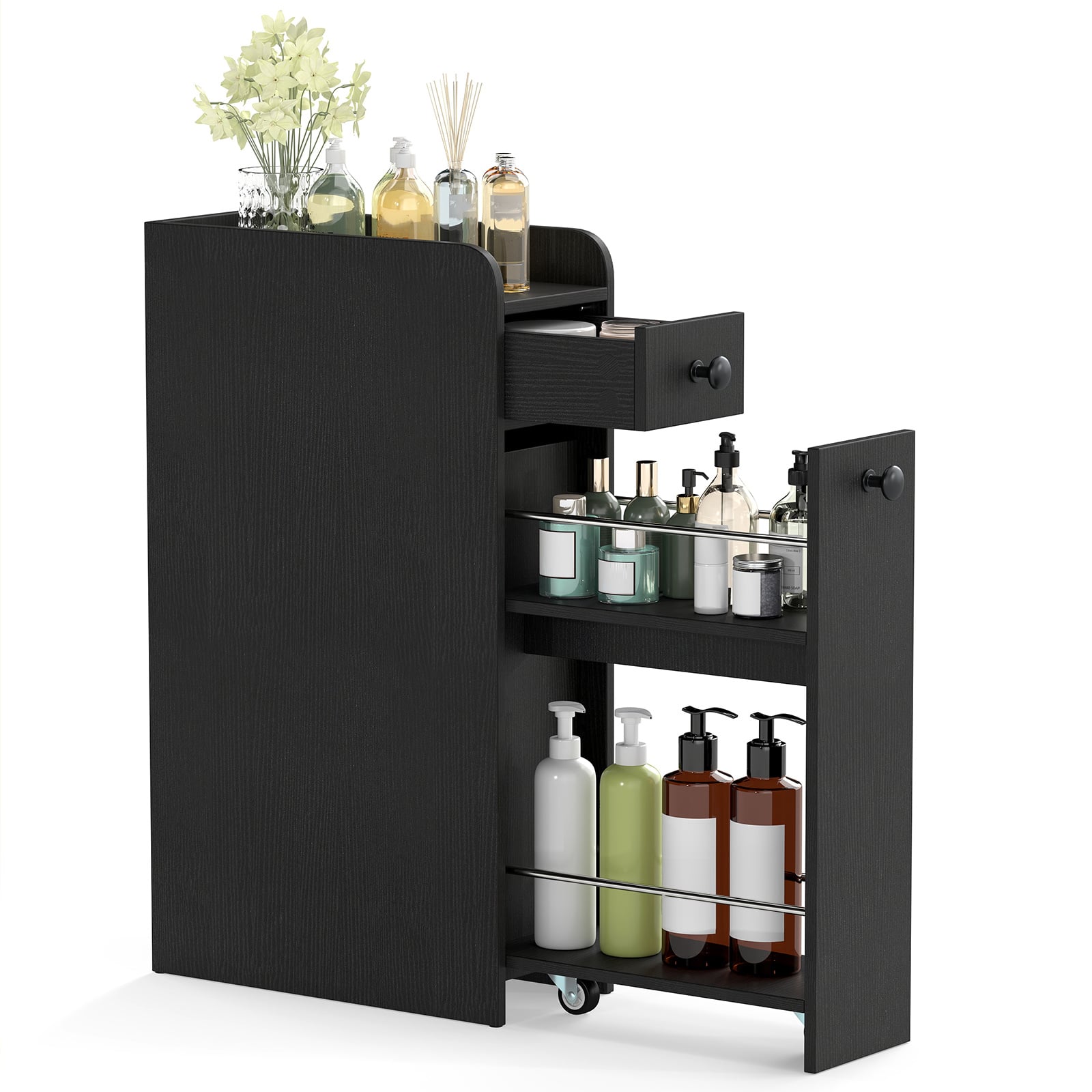 Narrow Bathroom Storage Cabinet with Slide-Out Drawer-Black