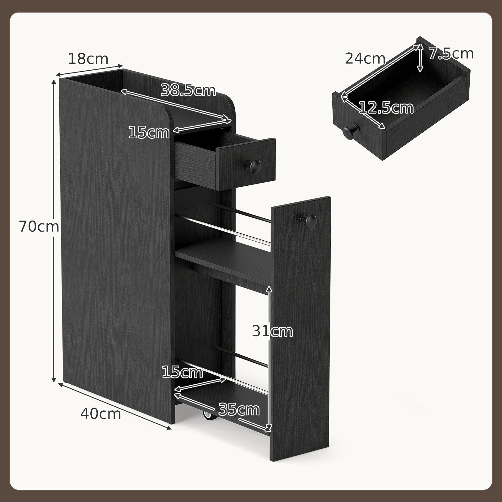 Narrow Bathroom Storage Cabinet with Slide-Out Drawer-Black