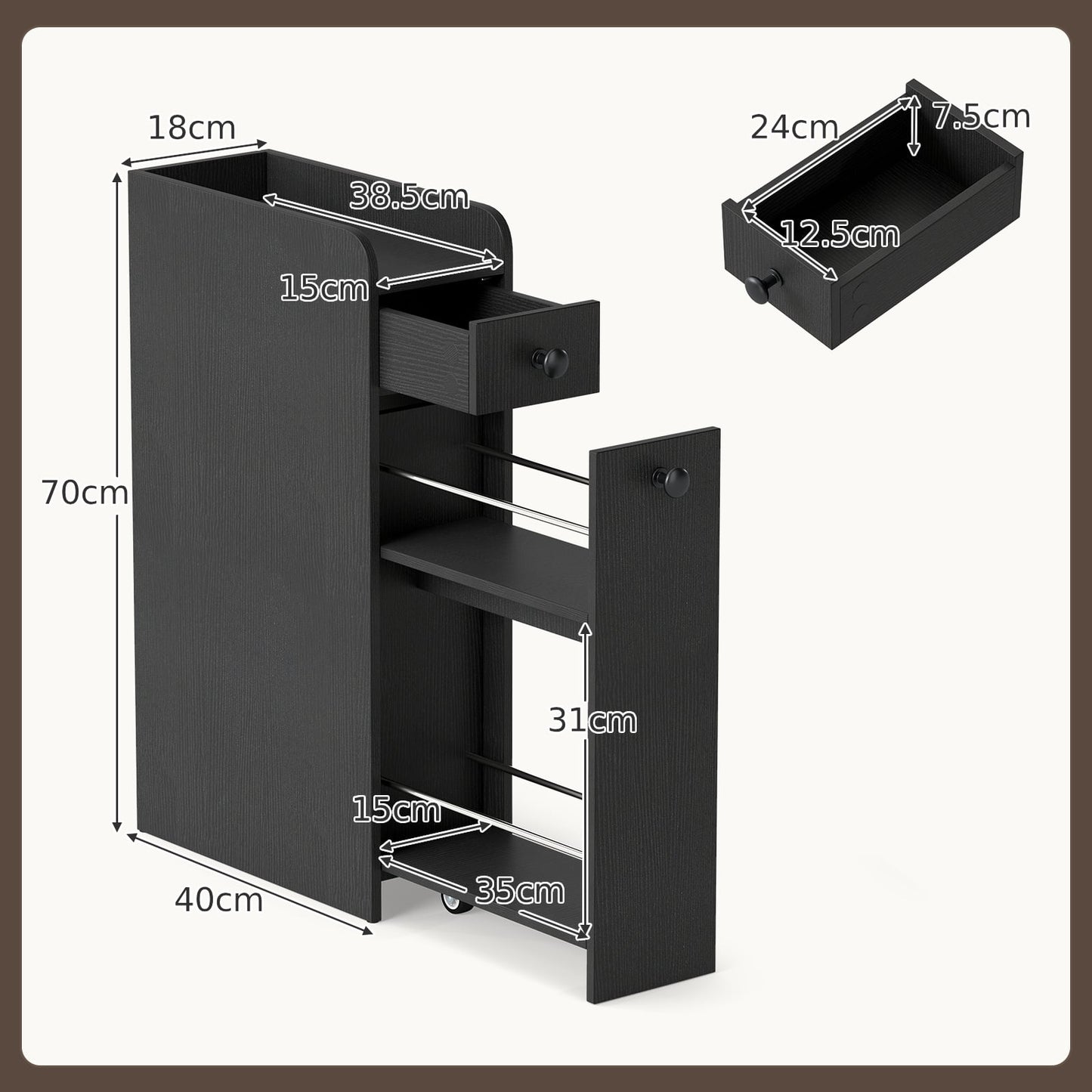 Narrow Bathroom Storage Cabinet with Slide-Out Drawer-Black