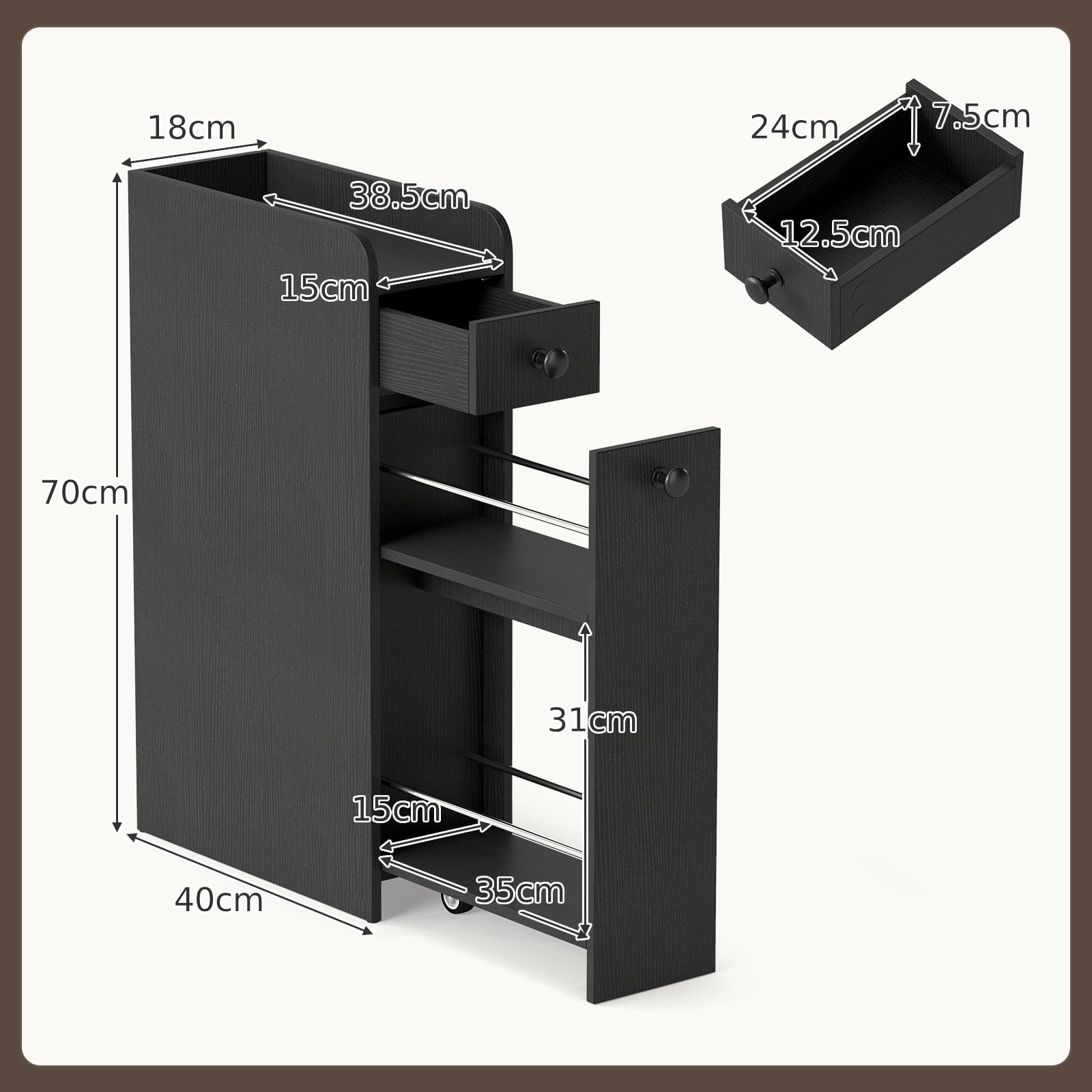 Narrow Bathroom Storage Cabinet with Slide-Out Drawer-Black