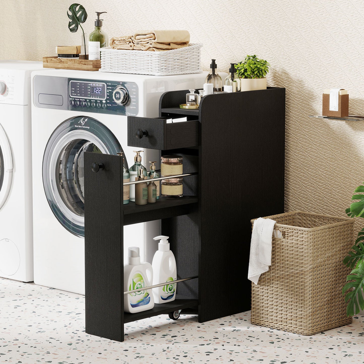 Narrow Bathroom Storage Cabinet with Slide-Out Drawer-Black