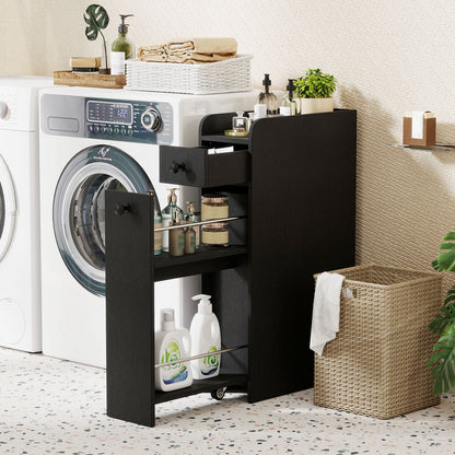 Narrow Bathroom Storage Cabinet with Slide-Out Drawer-Black