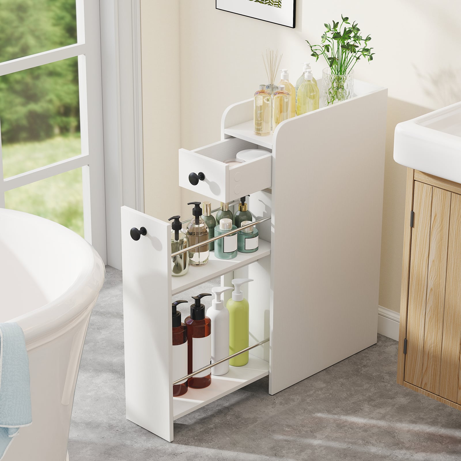 Narrow Bathroom Storage Cabinet with Slide-Out Drawer-White