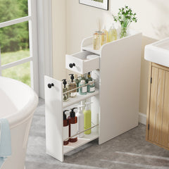 Narrow Bathroom Storage Cabinet with Slide-Out Drawer-White