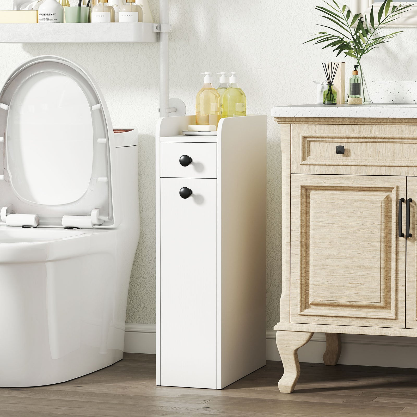 Narrow Bathroom Storage Cabinet with Slide-Out Drawer-White