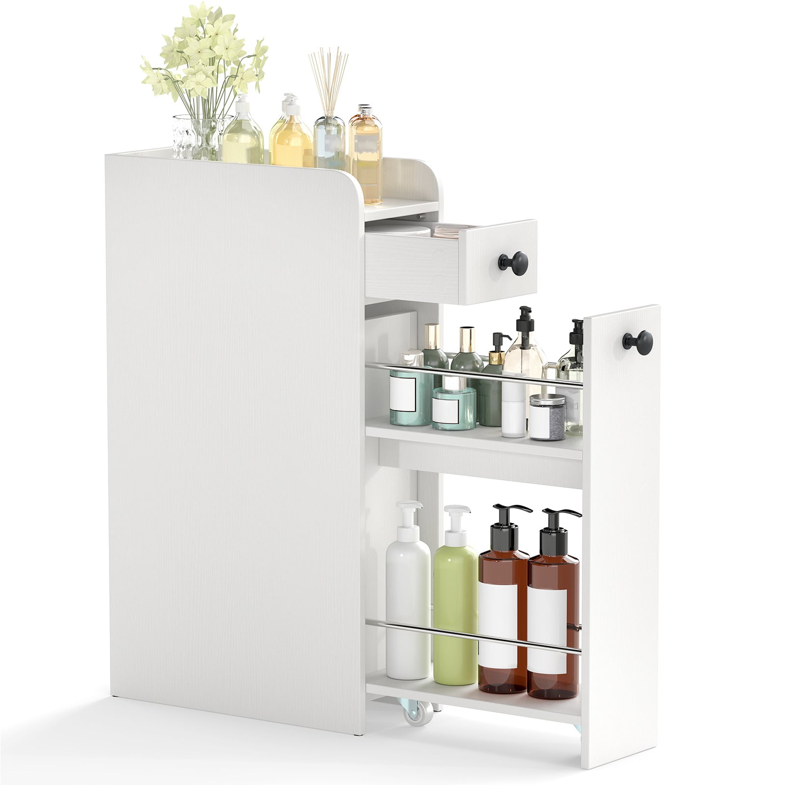 Narrow Bathroom Storage Cabinet with Slide-Out Drawer-White