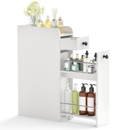 Narrow Bathroom Storage Cabinet with Slide-Out Drawer-White
